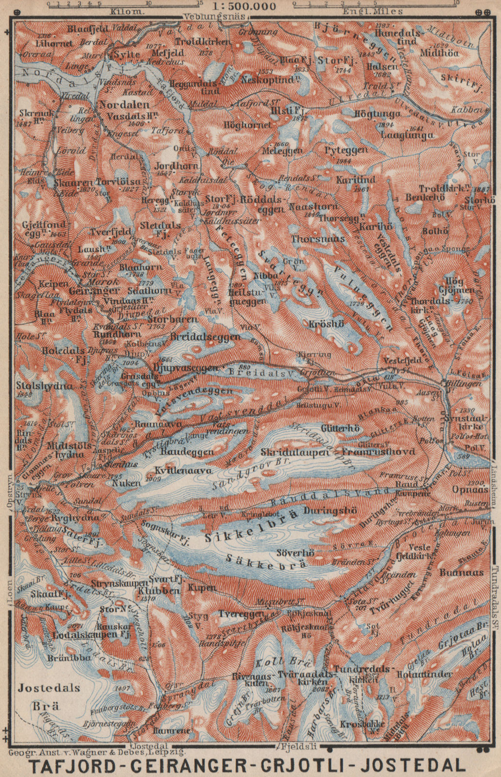 Geiranger Polfos Tafjord Jostedal Grotli Topo-map. Norway kart 1899 old